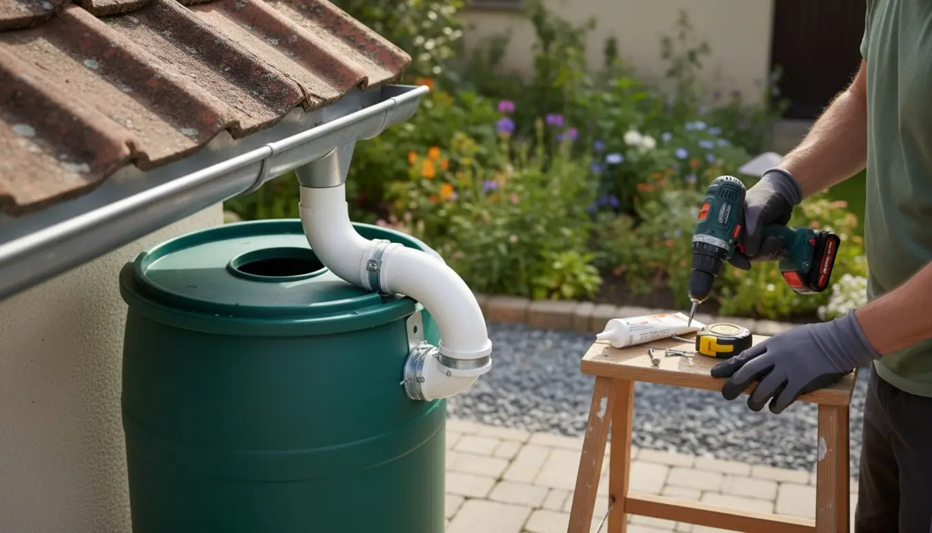 Hænder monterer et nedløbsrør fra tagrenden til en regnvandstønde i en have.