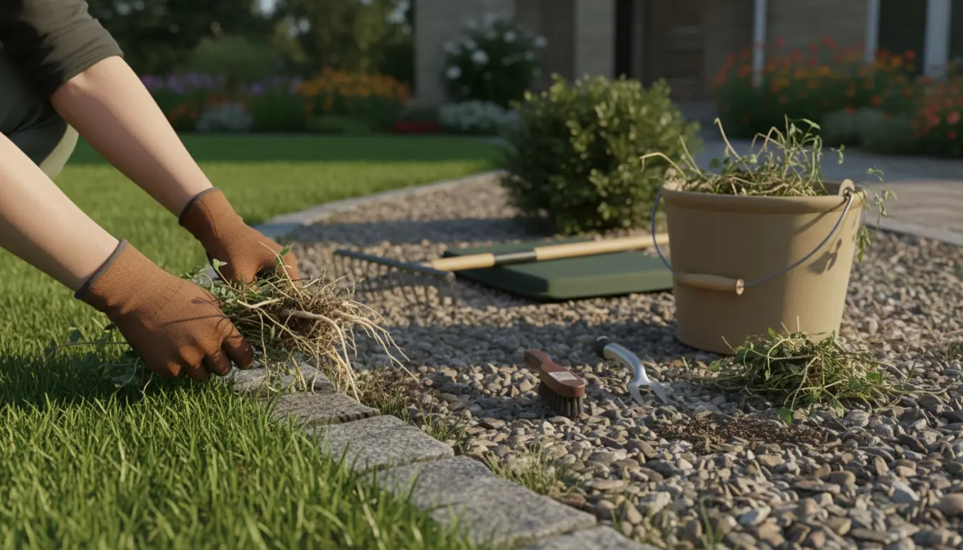 Handskerede hænder trækker ukrudt op af et skærvebed mellem kantsten og græsplæne.
