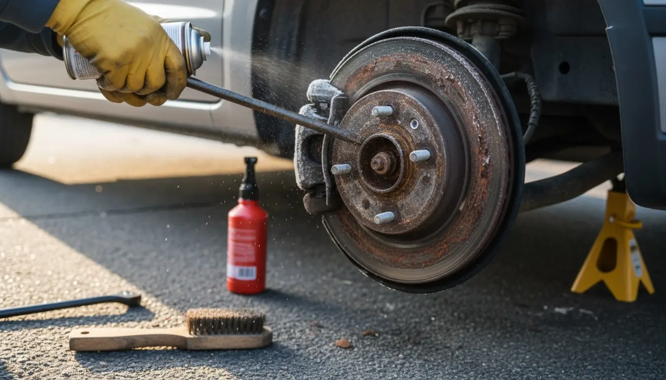 Højre baghjul på en ældre Suzuki med fastklemte bremseklodser dækket af frost og værktøj rundt om.