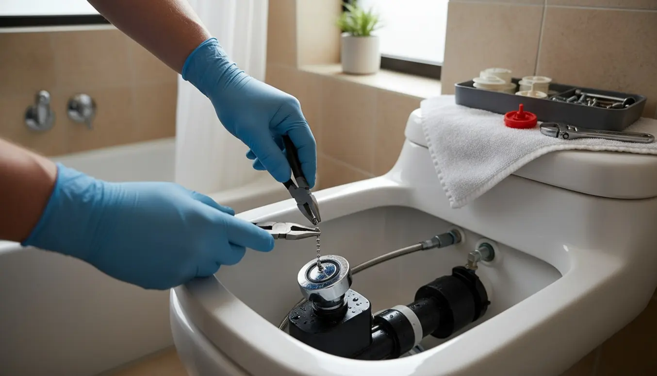 En håndværker henter en skylleknap op fra en åben toiletcisternen i et lyst badeværelse.