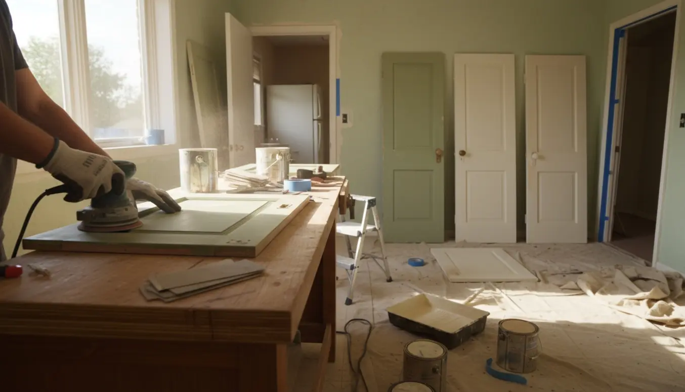 Slibning og maling af 70'er køkkenlåger og døre med malerværktøj i et lyst køkken.