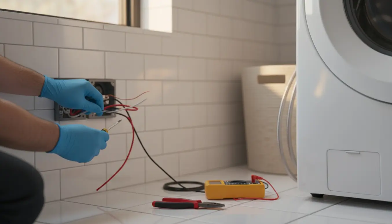 Nærbillede af handskerklædte hænder, der installerer en stikkontakt ved en vaskemaskine i et lyst bryggers.