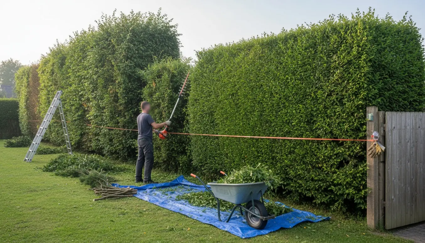 Lang, tæt hæk klippes ned til lavere højde med en lang stangsaks og en snor som rettesnor.