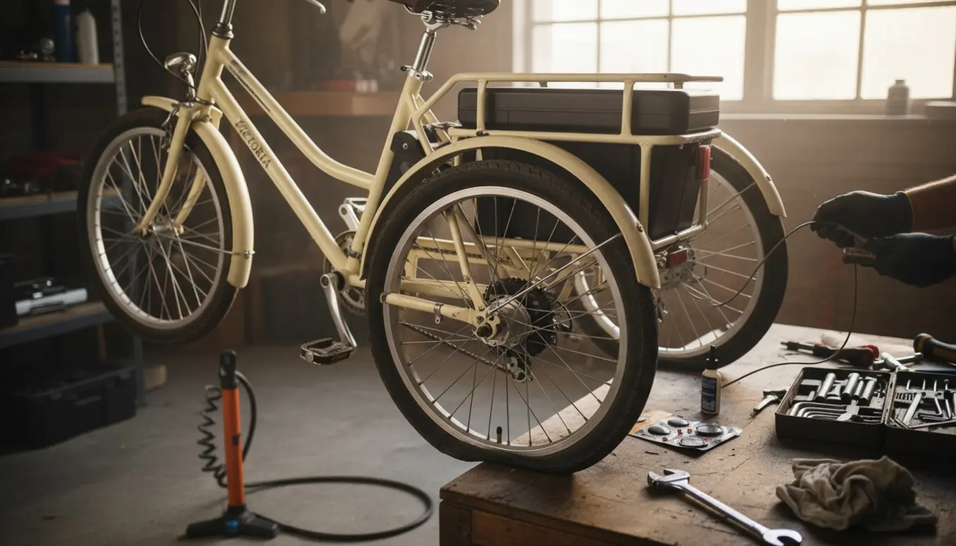 Trehjulet elektrisk cykel med flade dæk og hænder, der justerer bremsen i et solbelyst værksted.