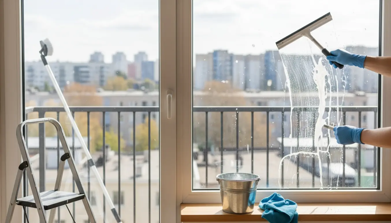 Nærbillede af vinduespudsning i en 2-værelses lejlighed med squeegee, spand og klud, sollys på glasset.