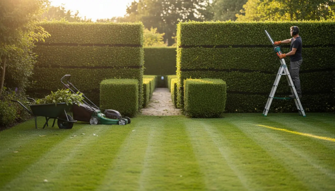Nyklippet lang hæk og velplejet græsplæne med haveredskaber i forgrunden.