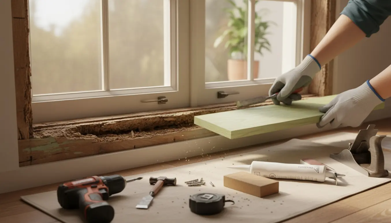 Udsnit af udskiftning af råddent bundstykke i termovindue med nyt træstykke og værktøj.