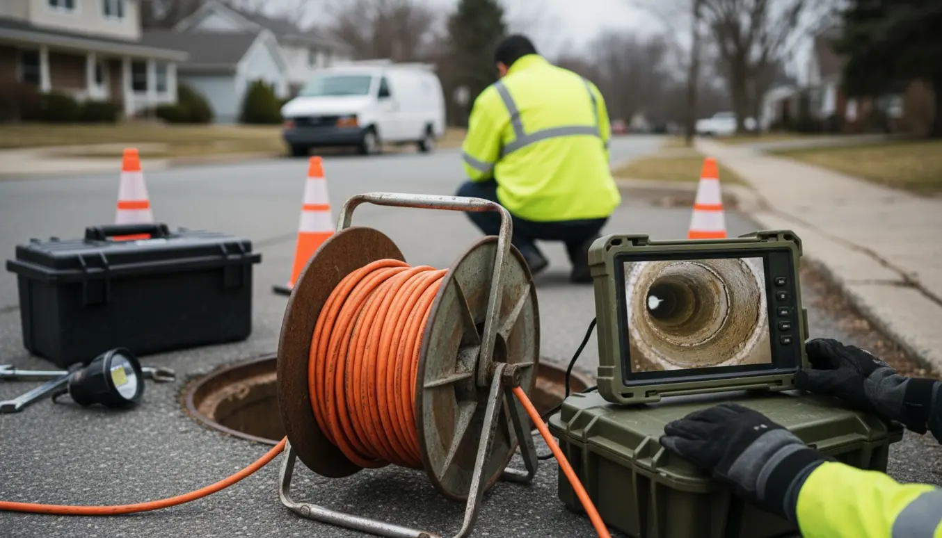 En tekniker fører en tv-inspektionskabel ned i en åben brønd, mens en bærbar skærm viser kloakledningens indre.