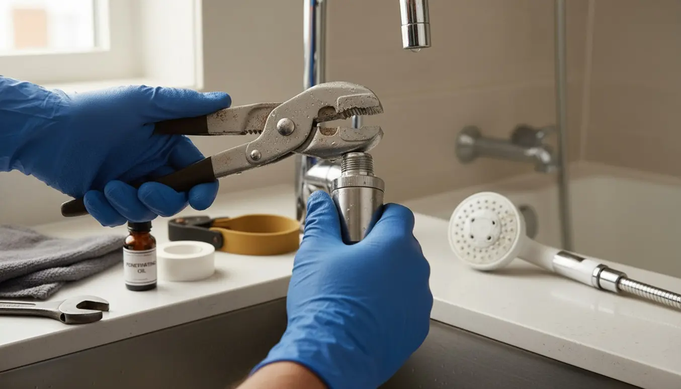 Hænder i gummihandsker bruger en vandpumpetang på et fastsiddende vandfilter ved en køkkenvask, med en kalket bruseslange i baggrunden.