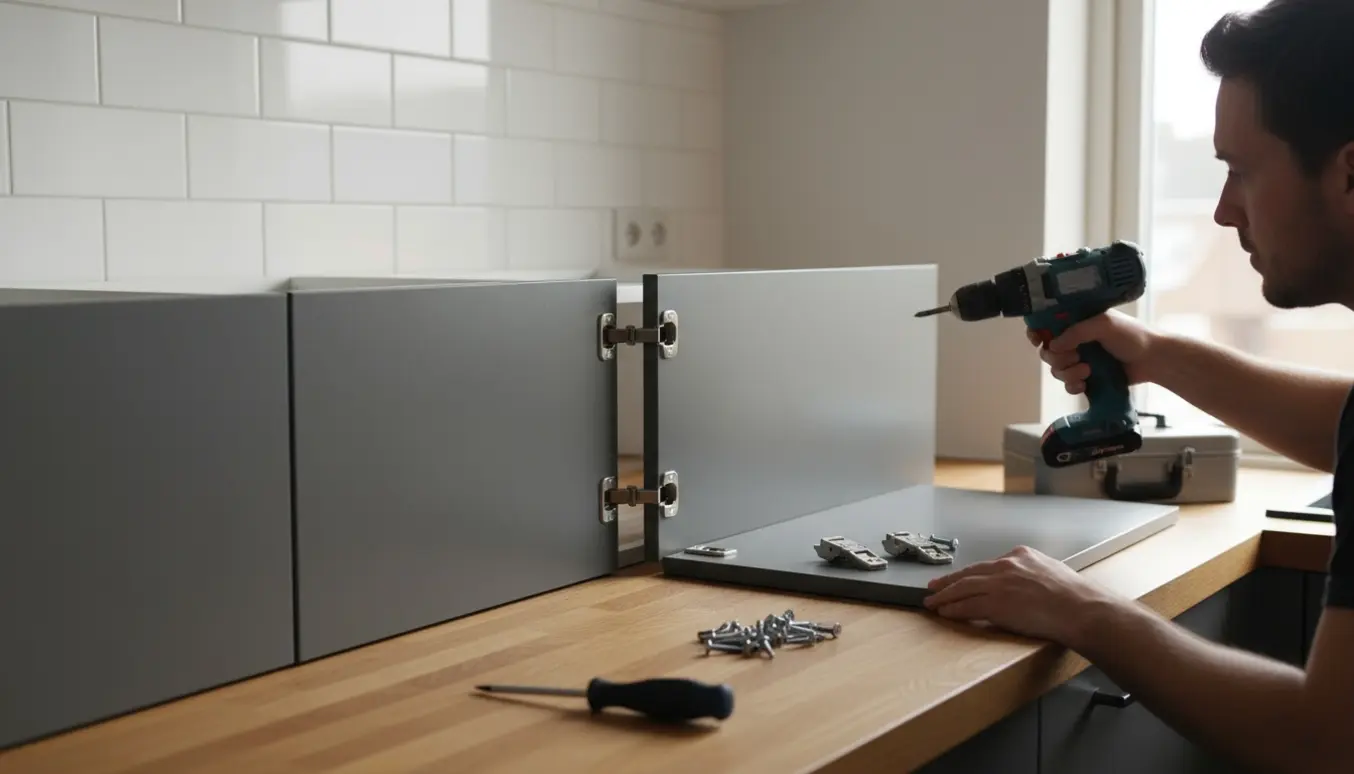 Udskiftning af tre håndtagsløse køkkenskabslåger, håndværker strammer en hængsel med en boremaskine.