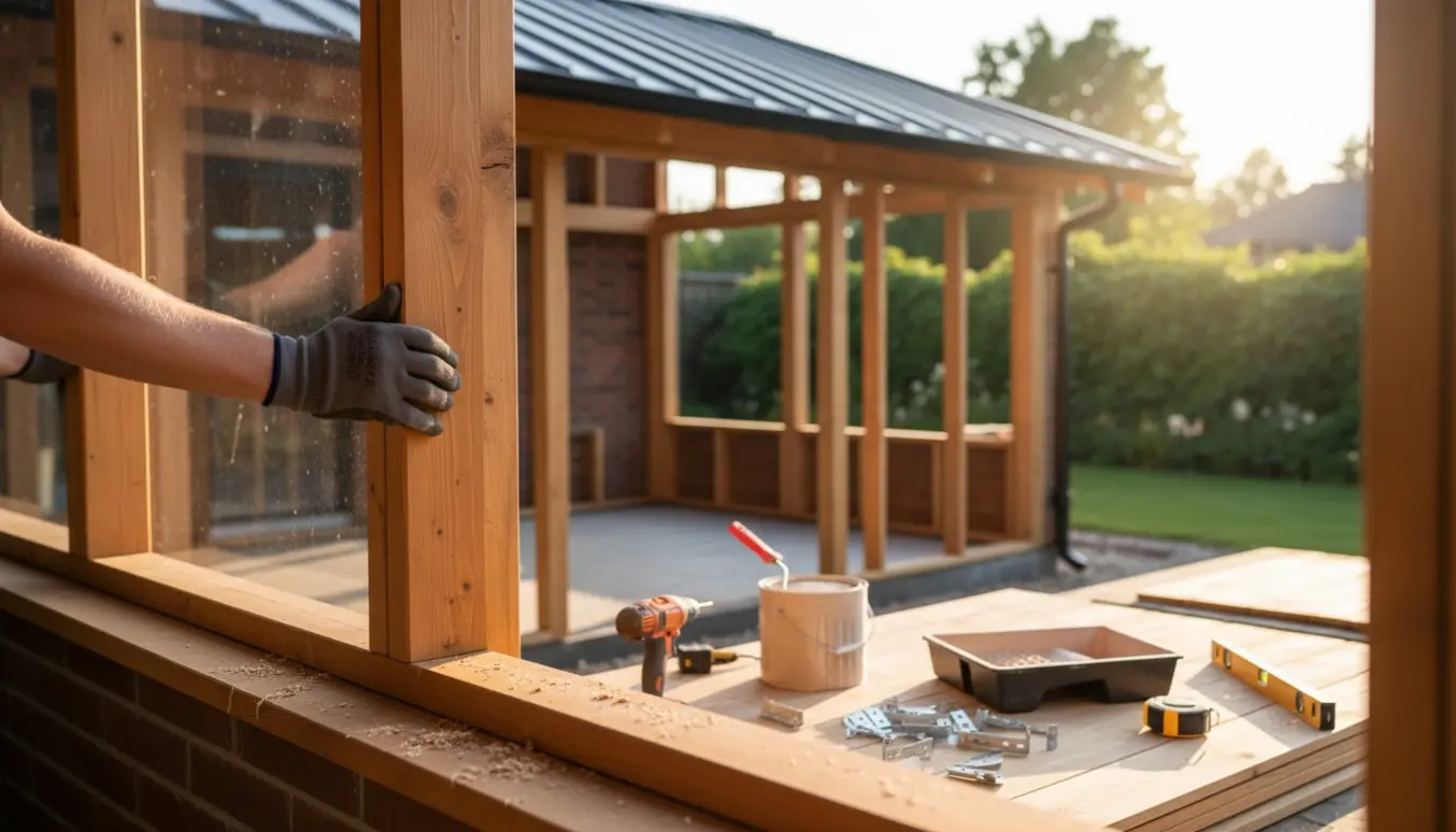 Delvist bygget udestue med træramme, plexiglaspaneler, ståltag og værktøj, hvor hænder monterer glas og lægger gulv.