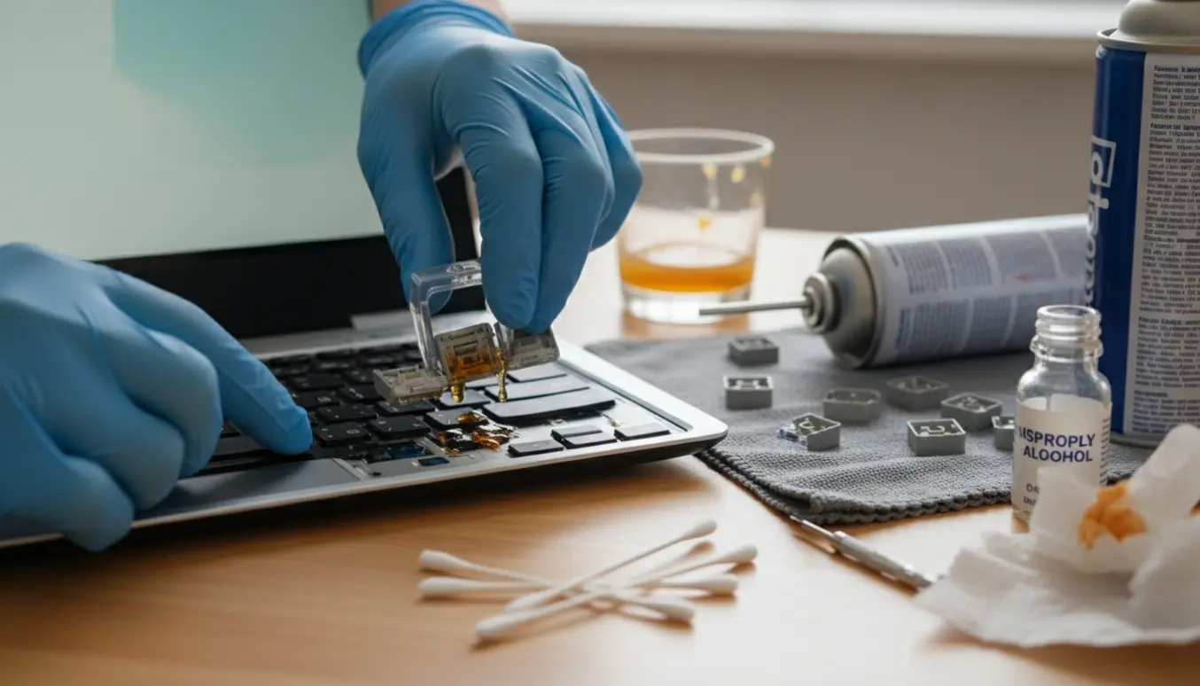 Tæt billede af en bærbar, hvor taster fjernes og rengøres med vatpinde og isopropyl, uden synlige ansigter.