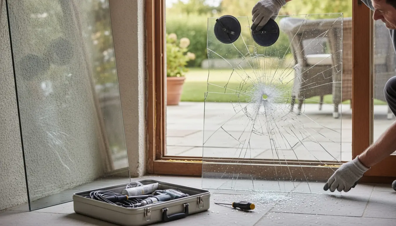 Nærbillede af udskiftning af ødelagt ydre glas i en terrassedør med handsker, sugekopper og nyt glas ved siden af.