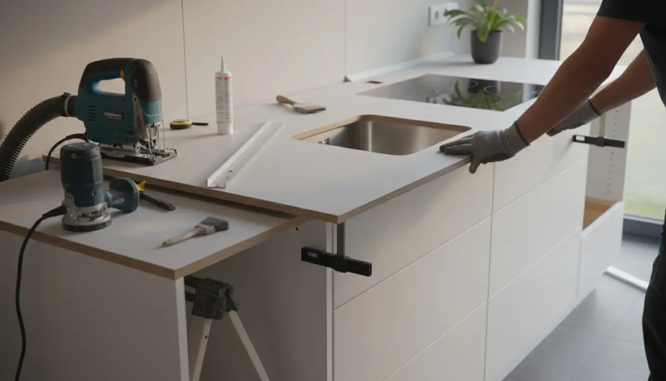 Hænder monterer en laminatbordplade med udskæringer til vask og kogeplade i et lyst køkken.