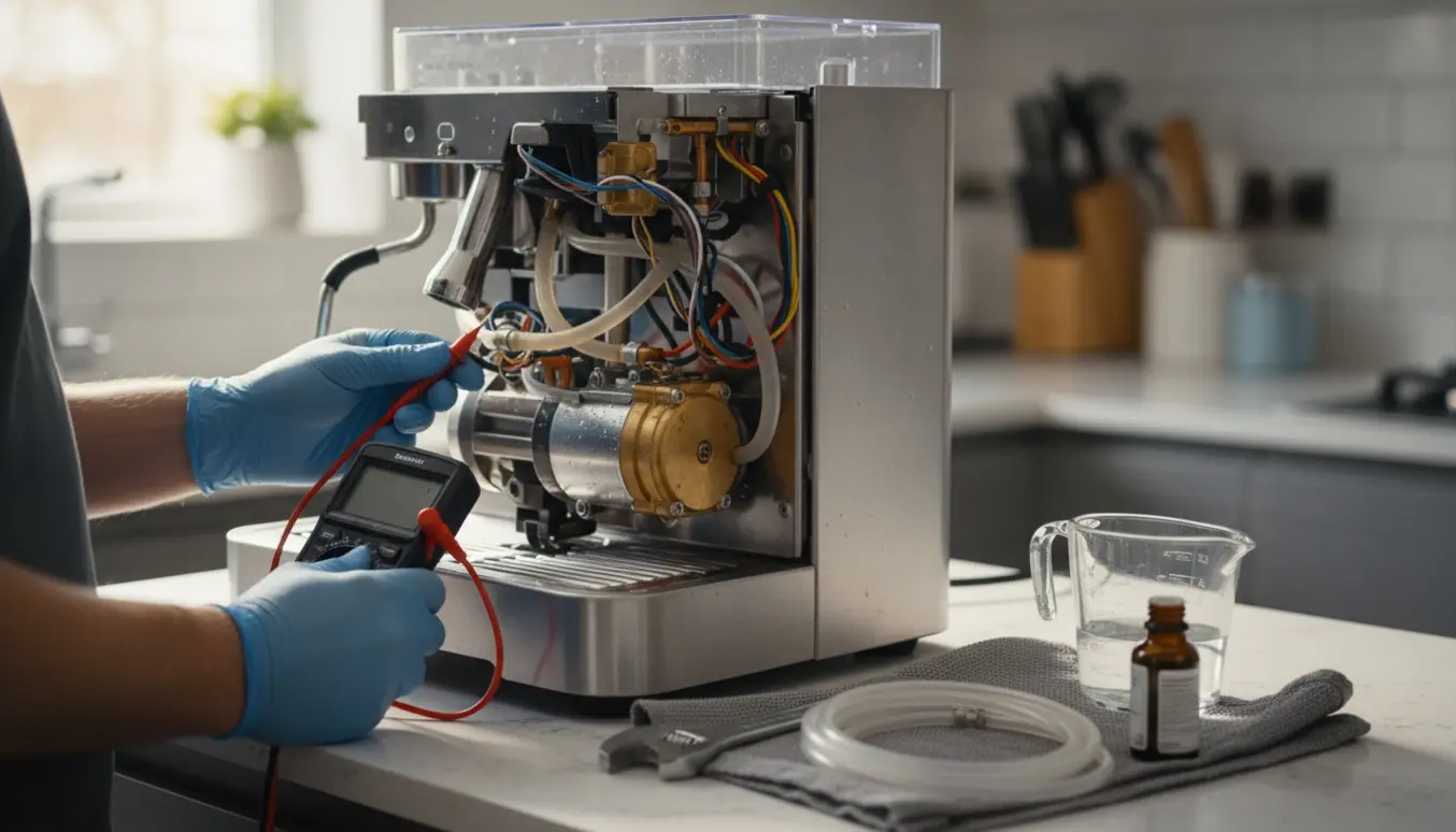 Nærbillede af en åben hjemmekaffemaskine med værktøj og multimeter ved vandpumpen.