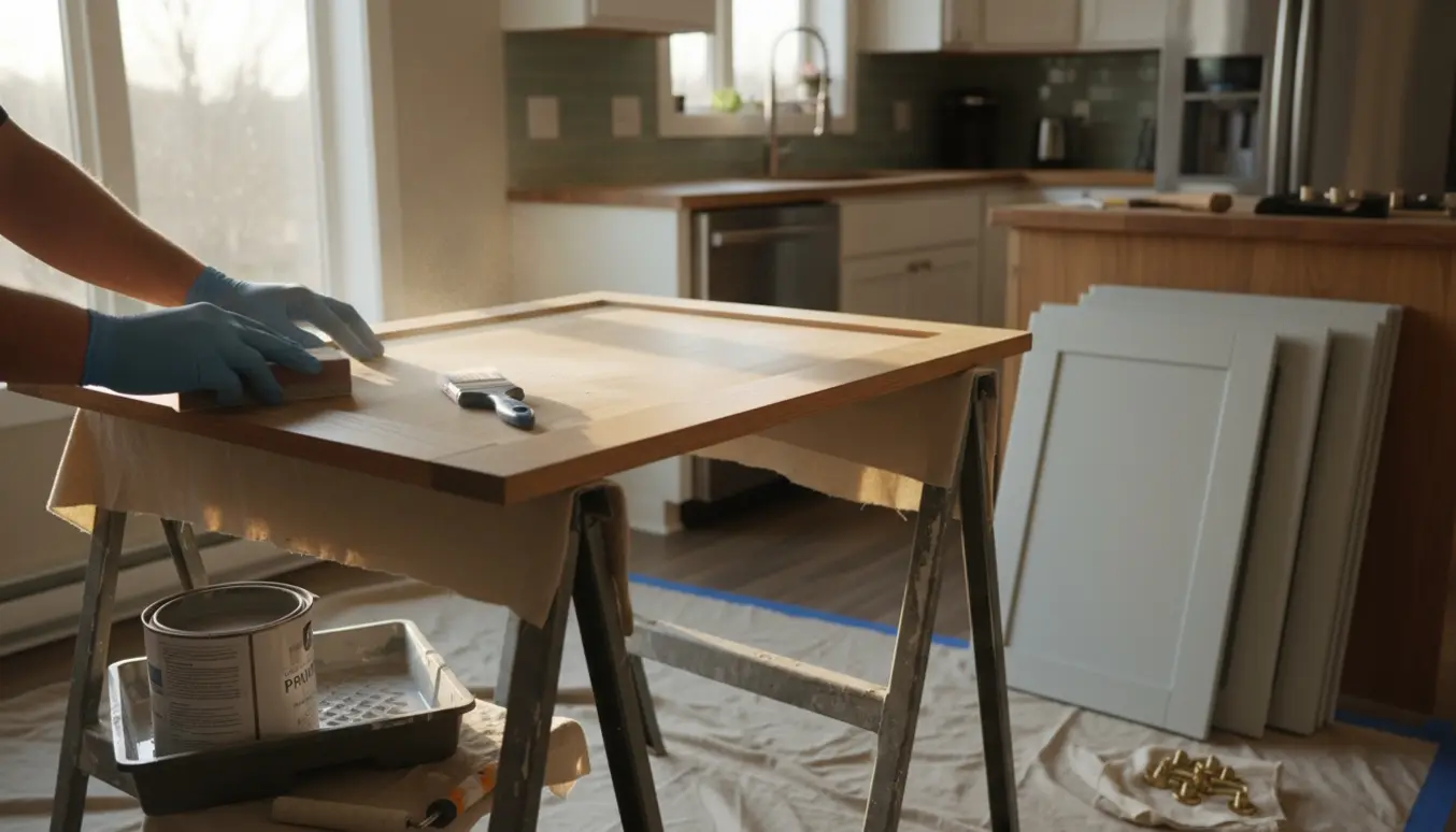 Hænder sliber og maler afmonterede køkkenlåger på hestestativer med pensel, rulle og åben primerdåse.