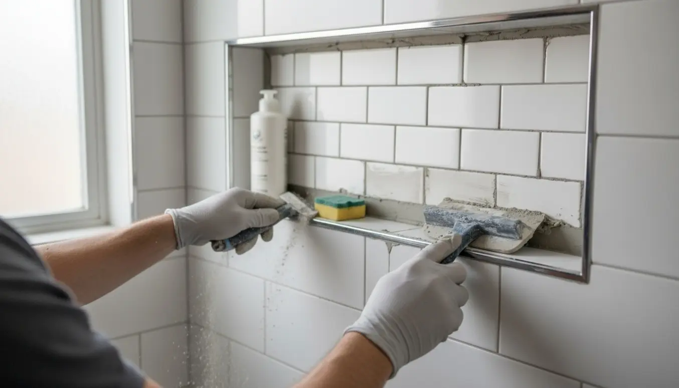 Nærbillede af handskerede hænder, der fjerner gammel fuge og lægger ny fuge i en bruseniche med fliser.
