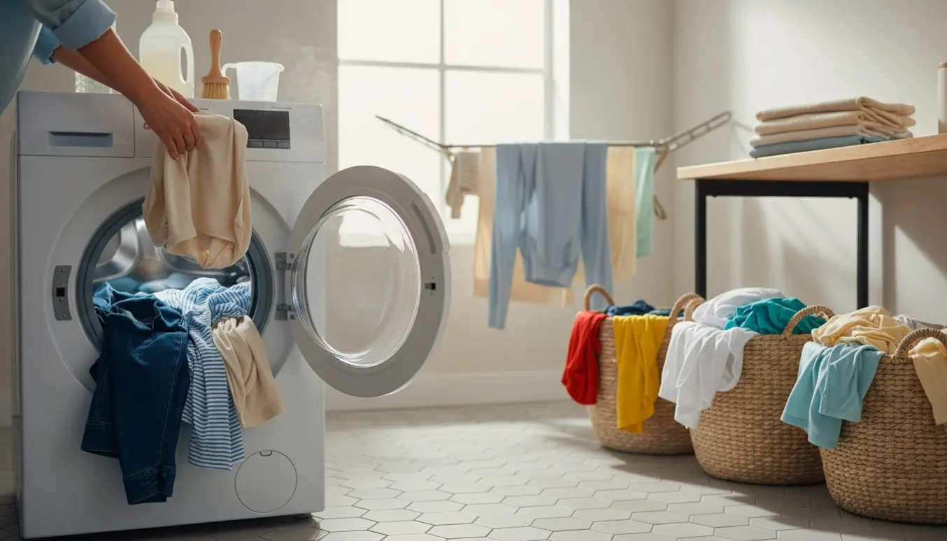 Hænder lægger tøj i en åben vaskemaskine med kurve og stabler af nyvasket vasketøj i et lyst bryggers.