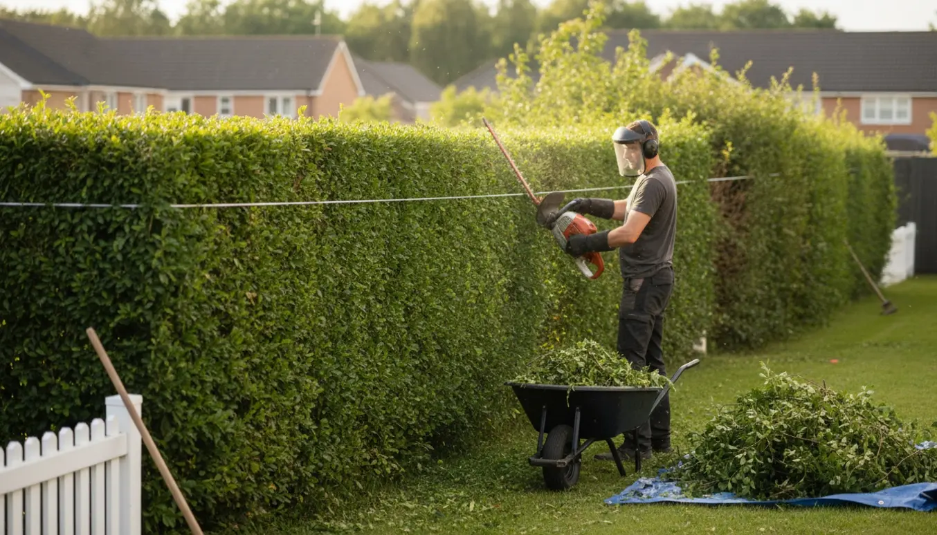 En lang tjørnehæk klippes en halv meter ned langs en have, med afklip samlet i en skubbevogn.