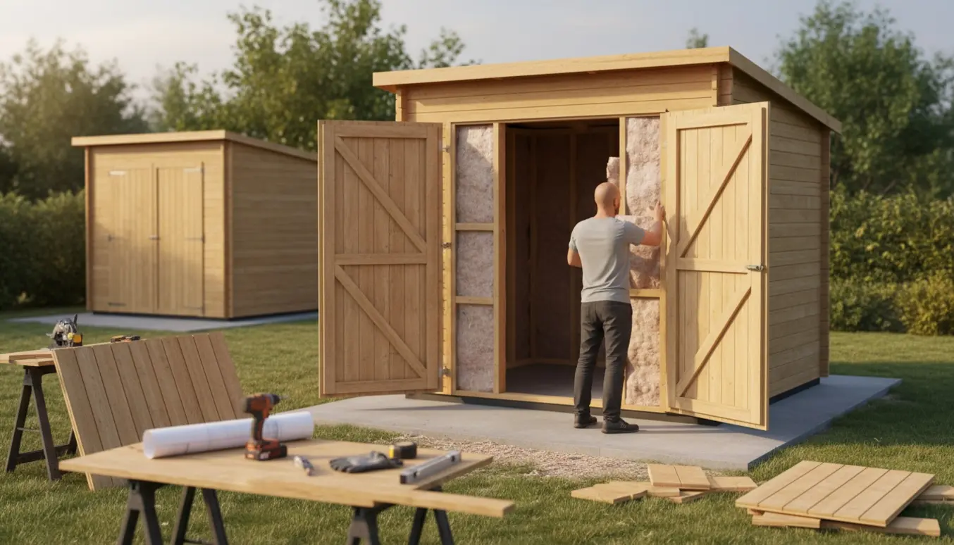 Nyt træskur under opbygning ved siden af et eksisterende skur med værktøj og isoleringsmateriale.