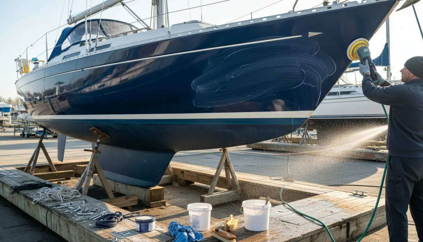 Hænder polerer og vokser skroget på en 29 fods sejlbåd på bukkes i en solrig bådplads.