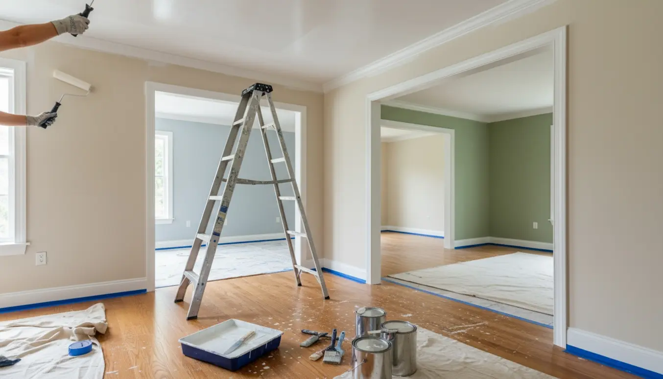 Maler maler lofter og vægge i flere tilstødende rum med rulle, pensel, malerbøtter og stige.