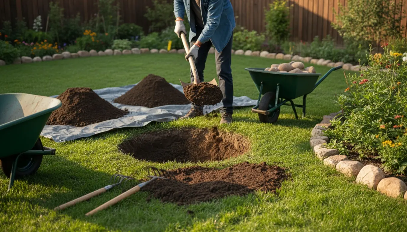 Baghavegraveri til sunket trampolin med spade, trillebør, jord og stablede sten.