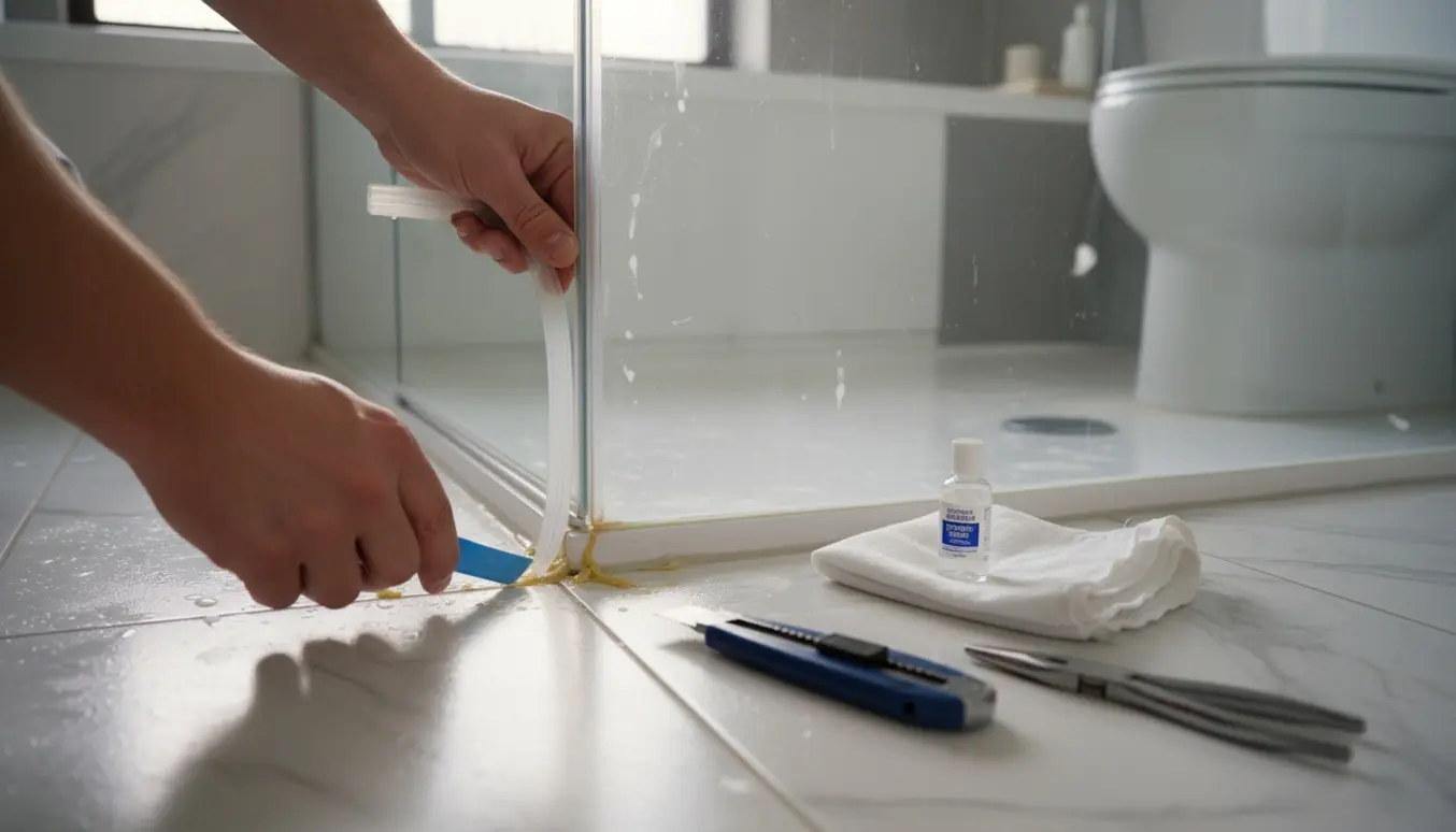 Hænder sætter en ny gummiliste i bunden af en brusekabine med værktøj og klud ved siden af.