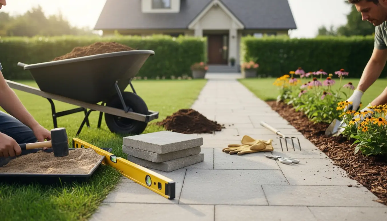 Forsidehave under renovering med fliser, friske bede, haveredskaber og hænder i arbejde.