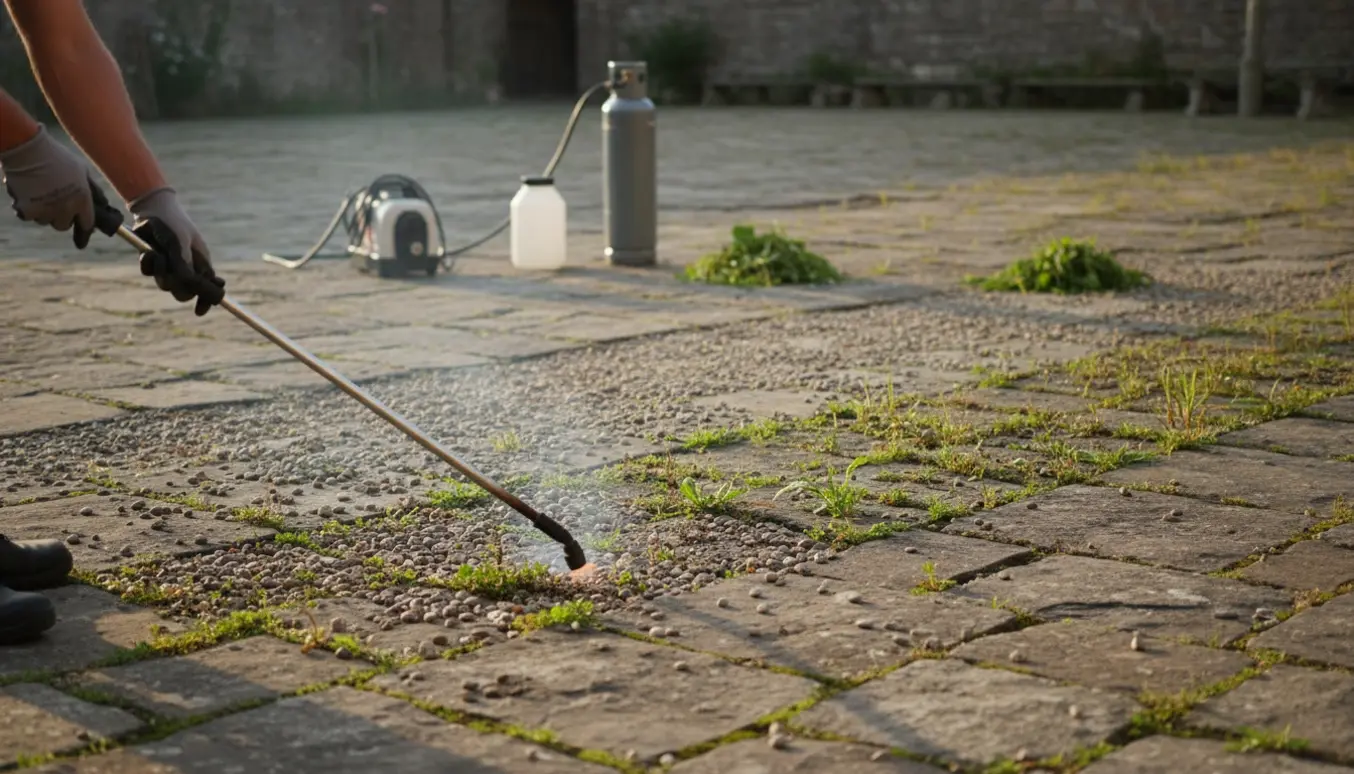En person med beskyttelseshandsker bruger en ukrudtsbrænder mellem sten på en stor grusbelagt gårdsplads.