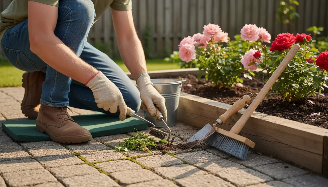 En person fjerner ukrudt mellem fliserne og i et lille bed med roser.