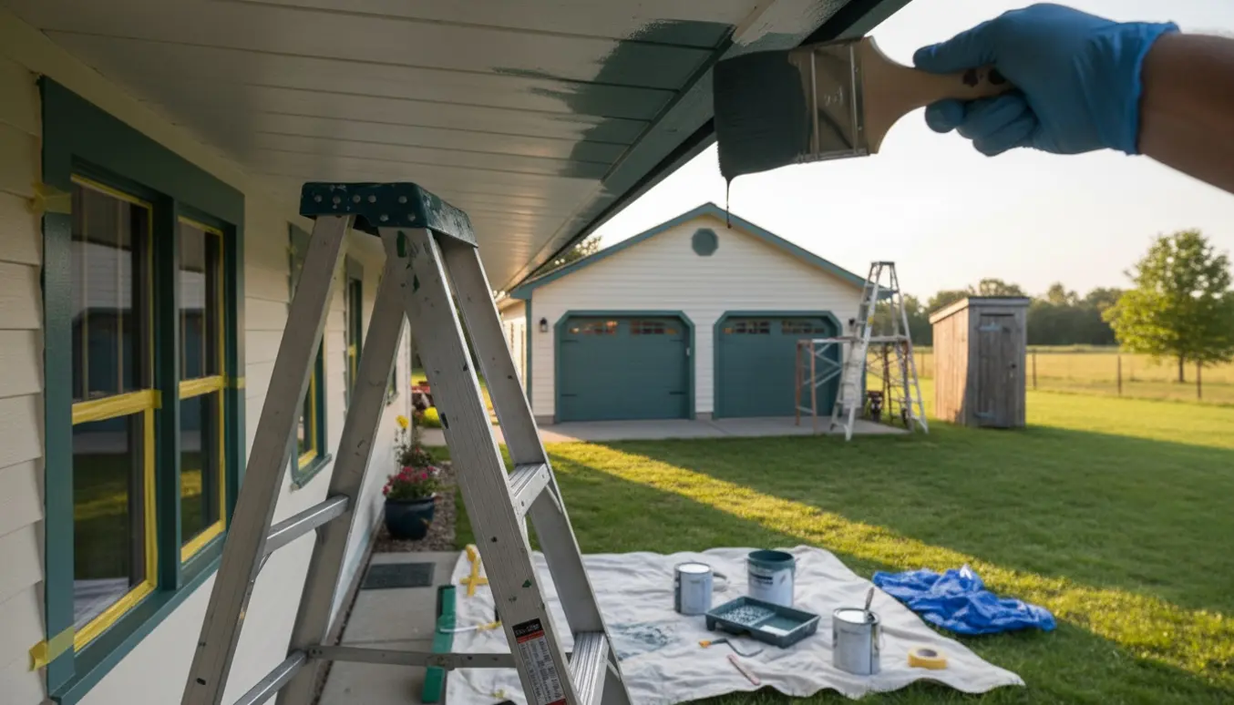 Nærbillede af udvendigt træværk på hus, udhus og garage, hvor frisk maling påføres med pensel.