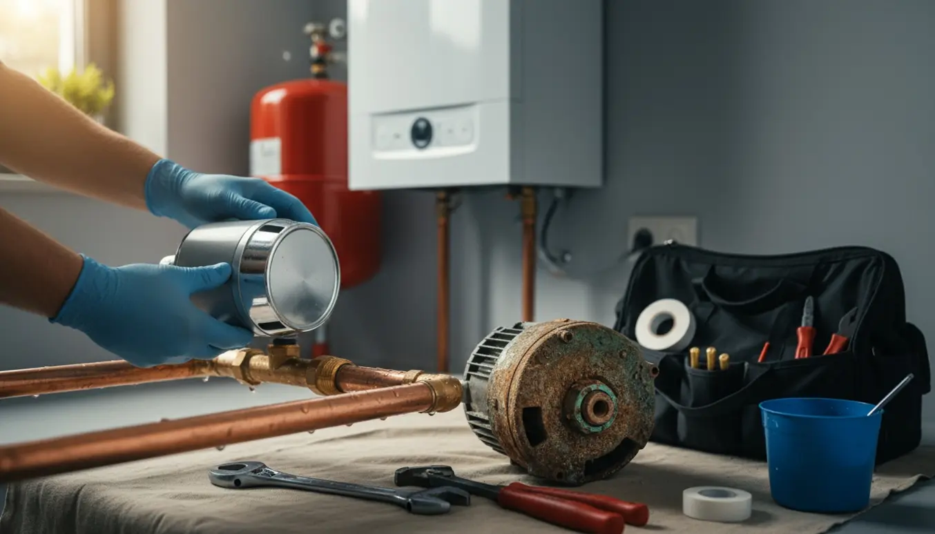 En tekniker udskifter en gammel cirkulationspumpe med en ny Alpha 2‑stil pumpe i et værkstedslignende varmecentralrum.