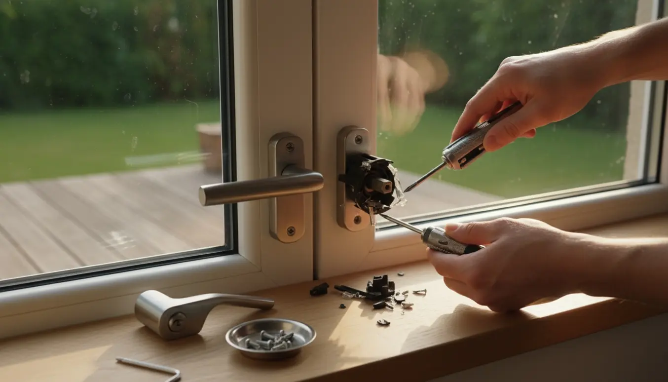 Brudt dørhåndtag på terrassedør med værktøj klar til reparation.