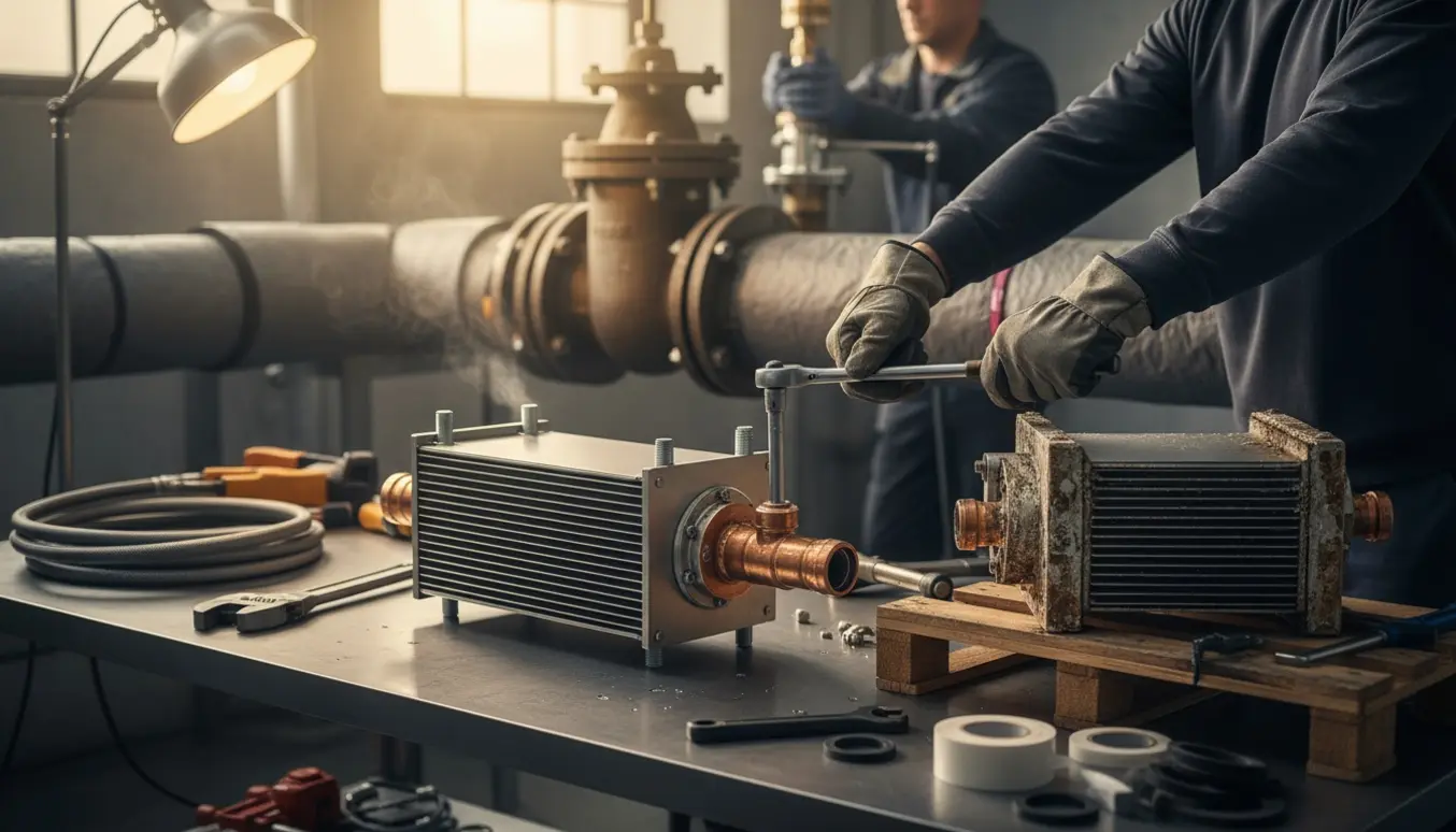 Ny varmeveksler installeres i et kedelrum med værktøj og isolerede fjernvarmerør.