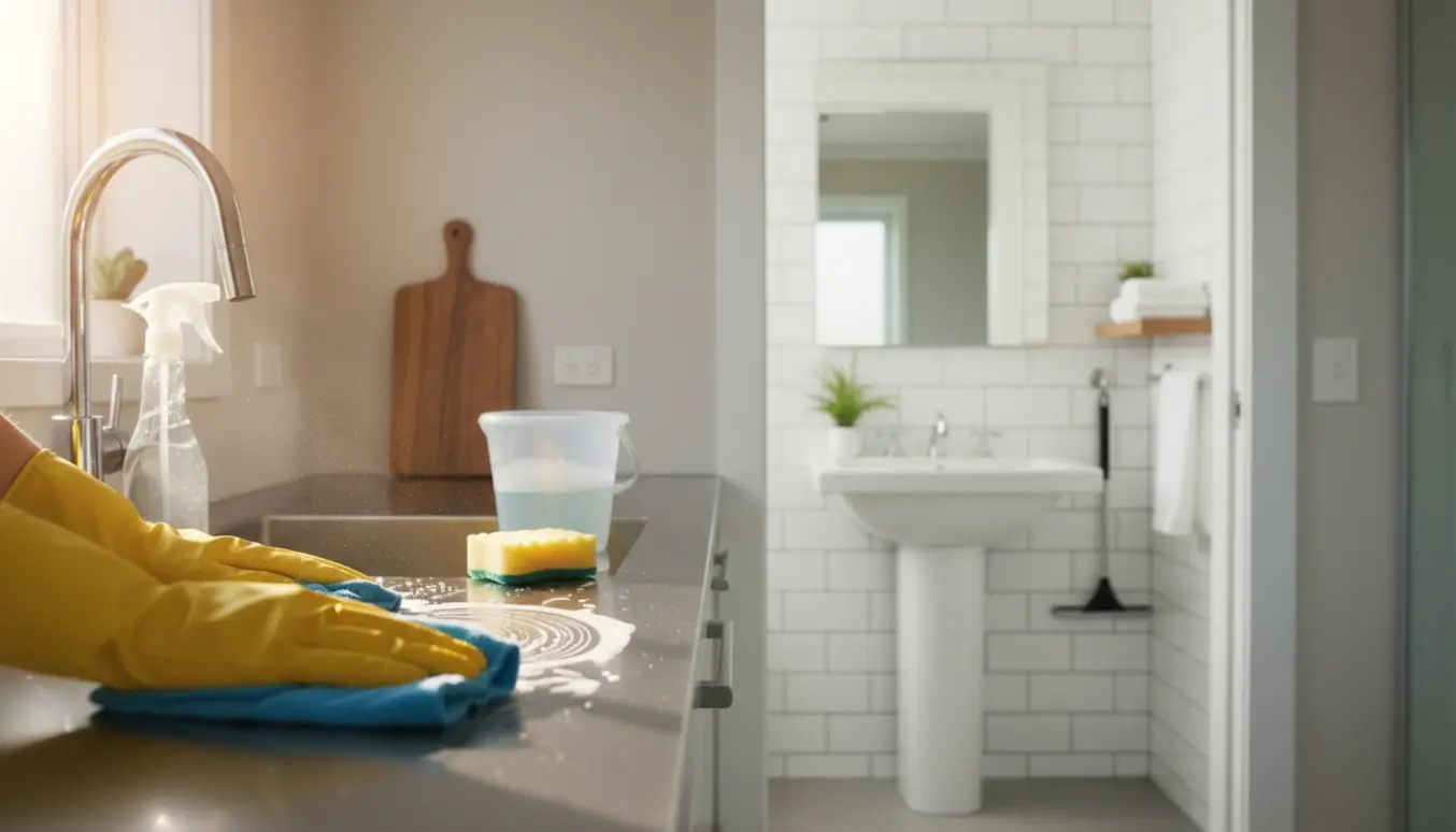 Person med gummihandsker tørrer et køkkenbord af med et skinnende badeværelse i baggrunden.