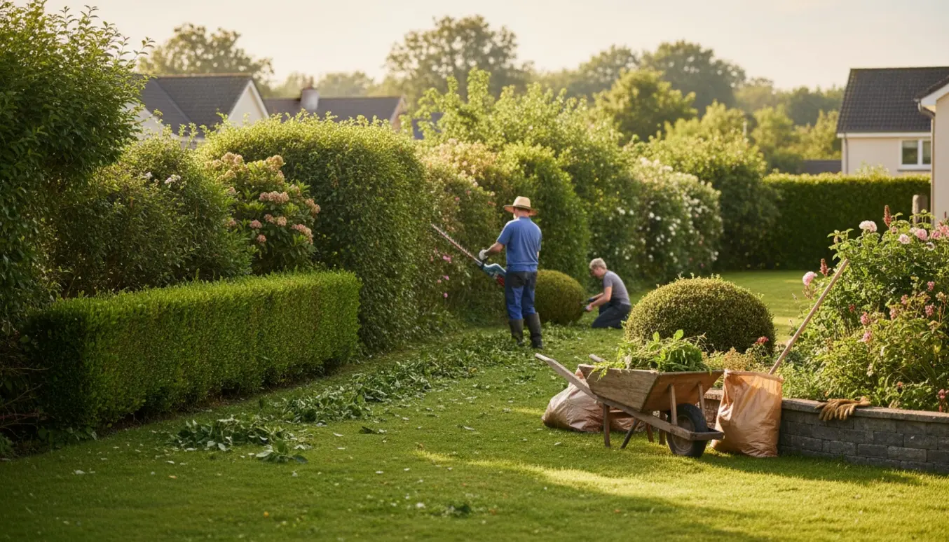 Lang række blandede hække og buske underklippet med trillebør og haveaffald i forgrunden.
