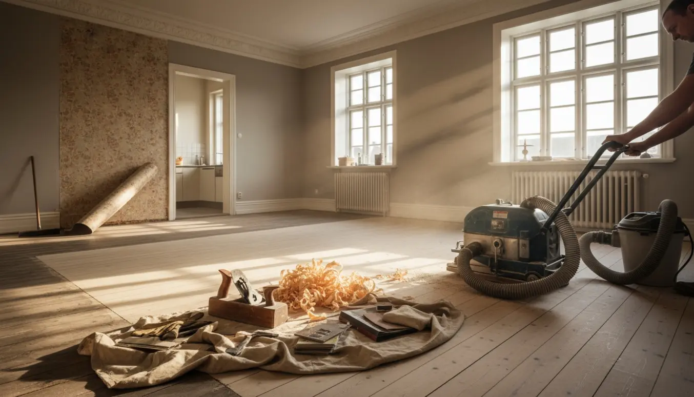 Gulvslibning i en ældre københavnerlejlighed med rullet linoleum, træflis og en professionel gulvsliber i brug.