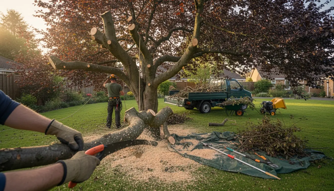 Nærbillede af en blodbøg der bliver kraftigt beskåret med afklippede grene og en trillebør klar til oprydning.