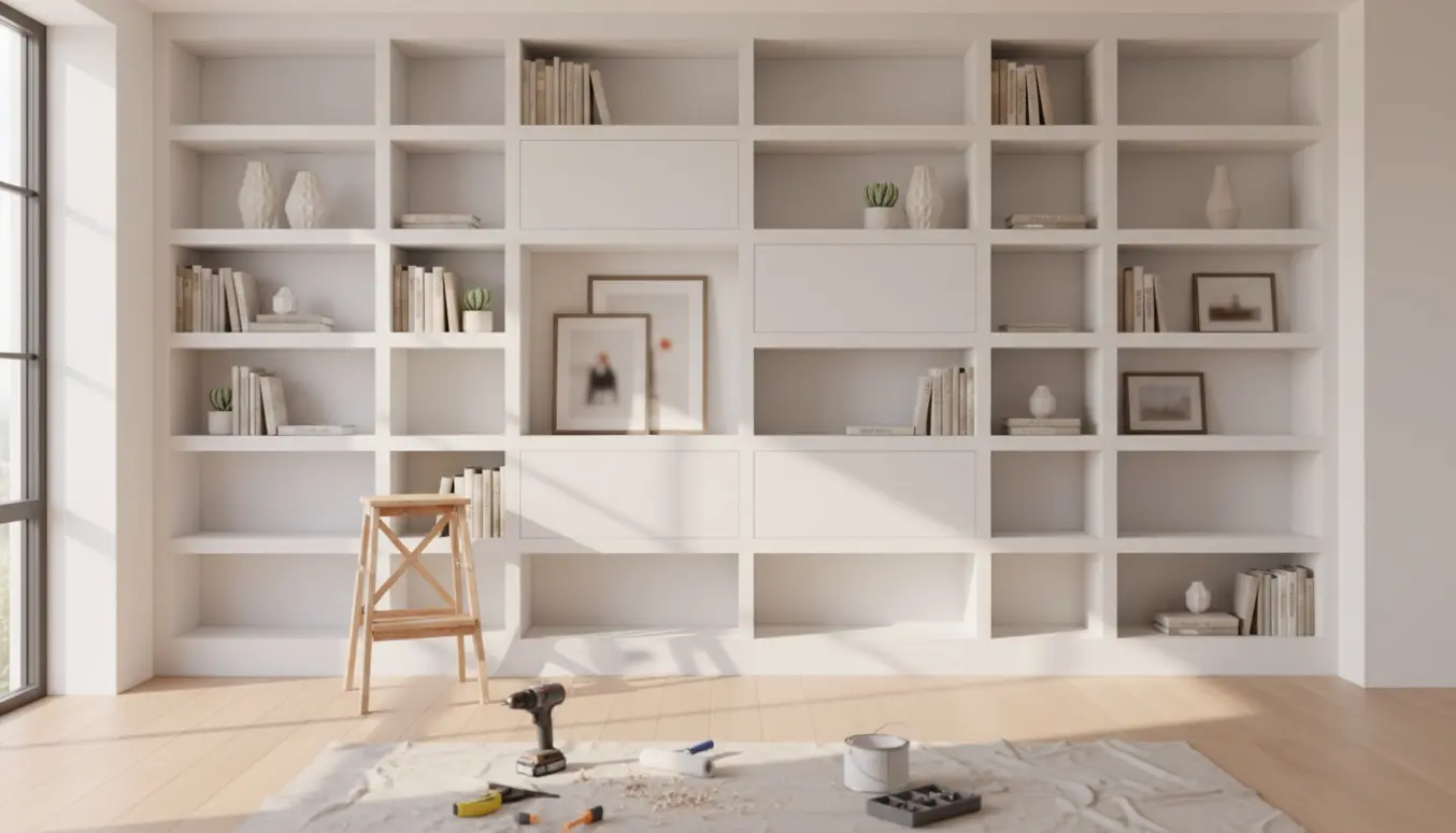 Indbygget hvid reol, der fylder en hel væg, med værktøj og en lille stige i et lyst rum.