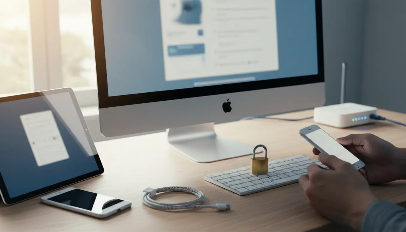 Stationær iMac på skrivebord med iPhone og iPad, frakoblede kabler og en hængelås, der symboliserer forbindelses- og loginproblemer.