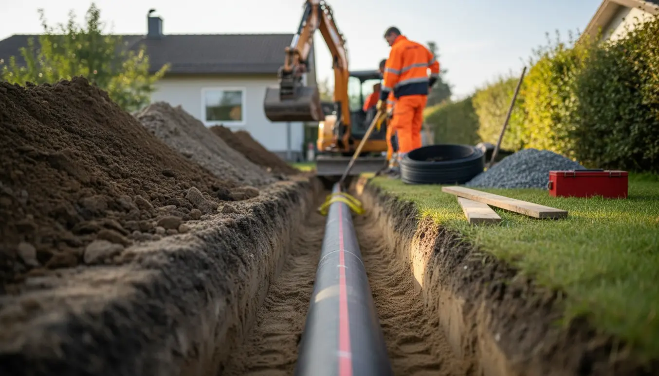 Åben grøft på cirka 15 meter med fjernvarmerør klar til nedlægning i en forstadshave.