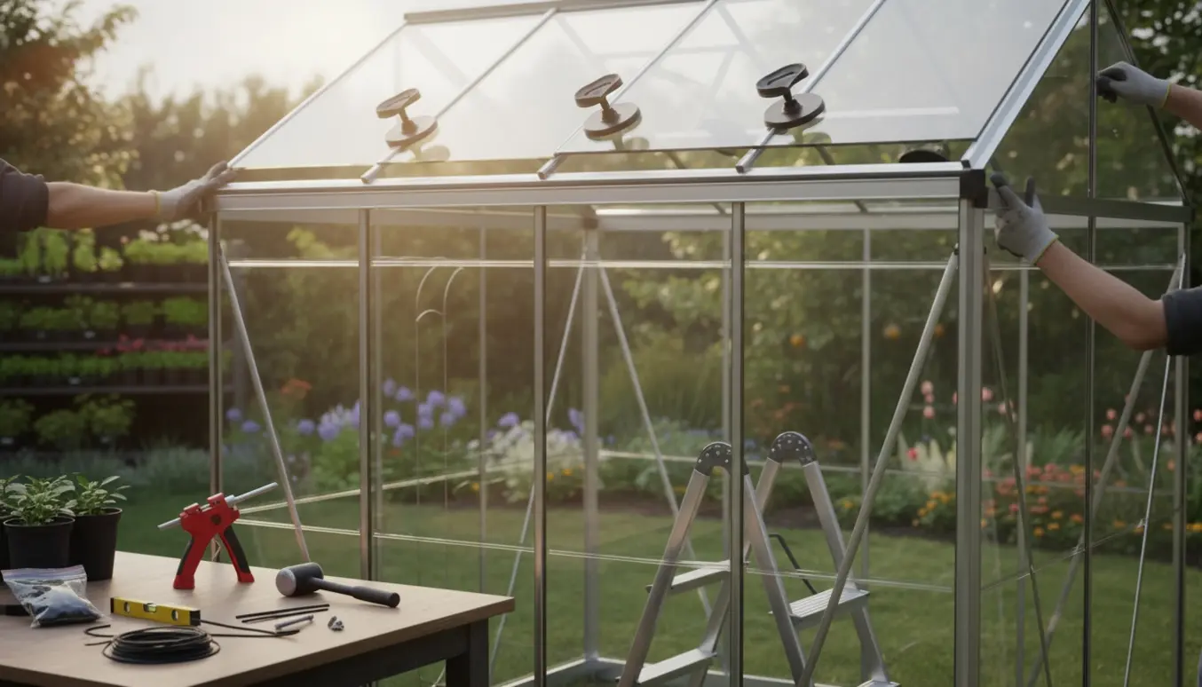 Hænder installerer en glasplade i et næsten færdigsamlet drivhus med værktøj og planter i baggrunden.