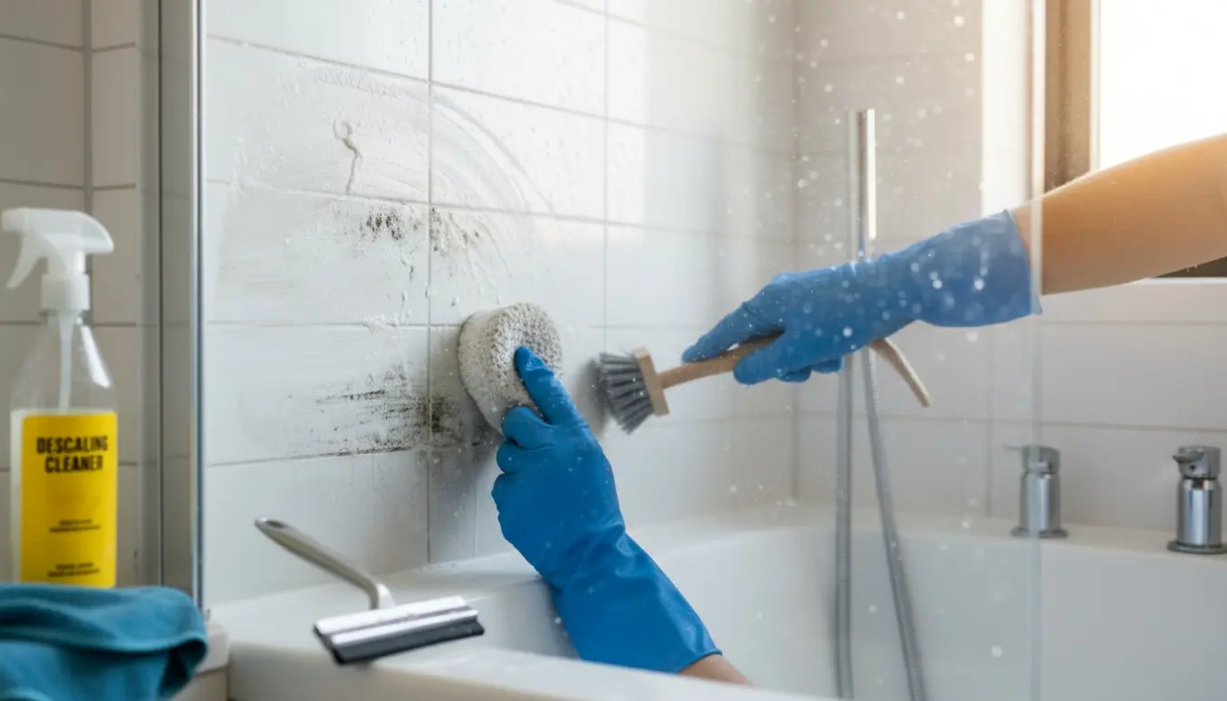 Handskerede hænder fjerner kalk og skimmelsvamp fra badeværelsesfliser med børste og rengøringsmiddel.