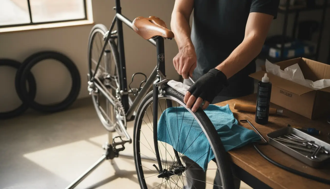 Montering af nye dæk og ny sadel på en cykel i et lyst værksted.