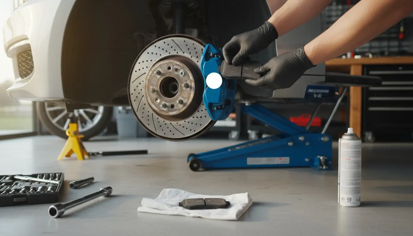 Udskiftning af bremseklodser på en BMW 1‑serie M Sport med hjul fjernet og nye klodser klar i handsker.