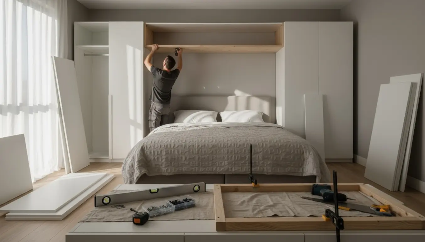 Soveværelse under renovering med seng mellem PAX-lignende skabe og en snedker, der monterer overskabe over sengen.