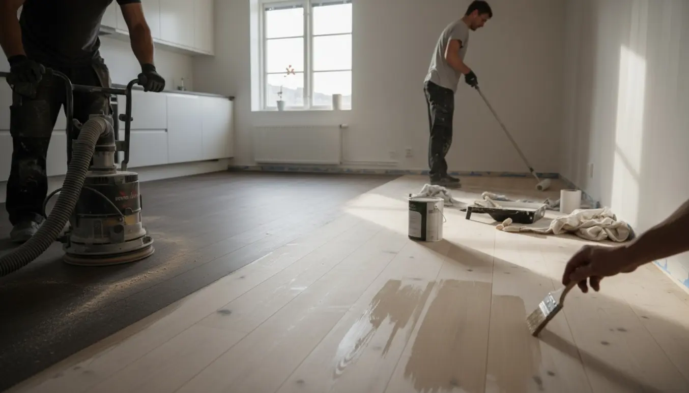 Gulvslibning og maling i Vanløse-lejlighed med nyligt slebet lyst trægulv og maler der ruller hvide vægge.
