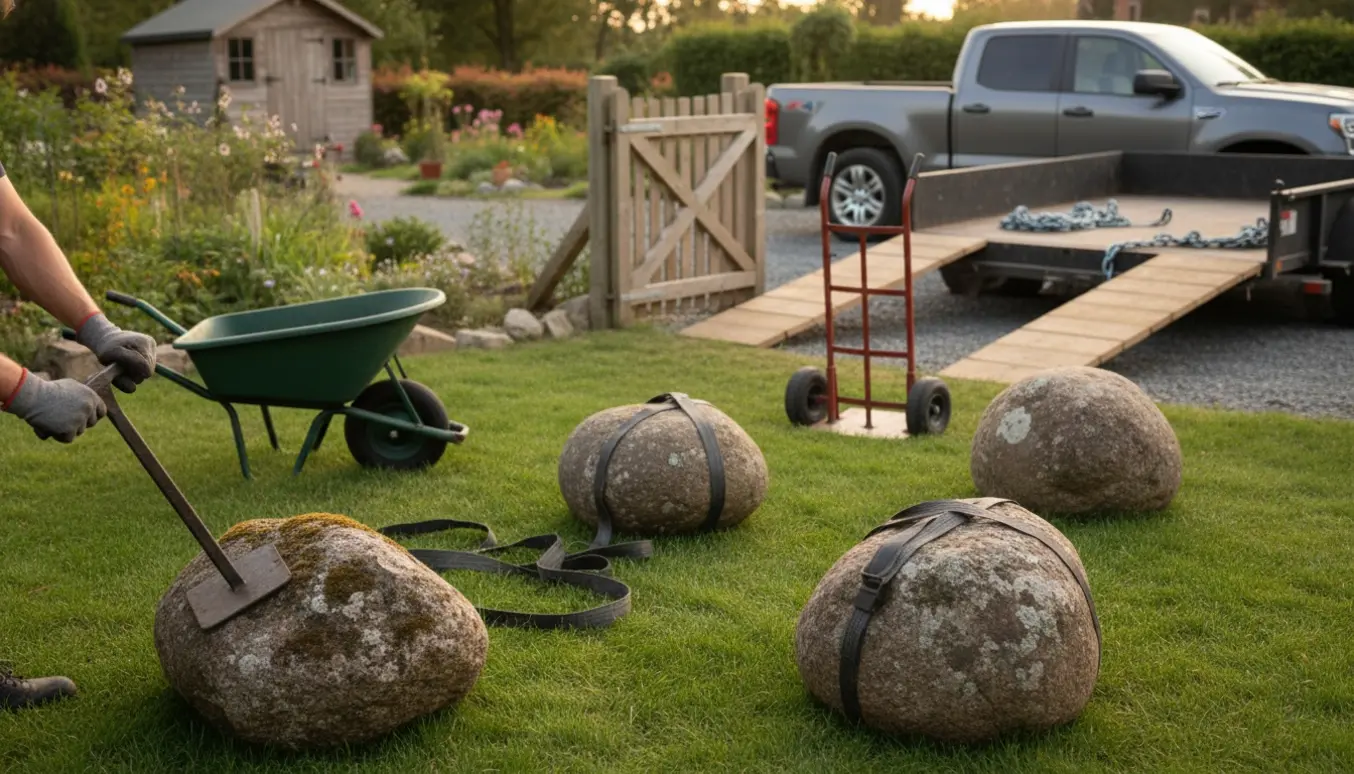 Åben havelåge og arbejdshandsker løfter store tunge sten fra græsplænen med trillebør, løfteremme og planker.