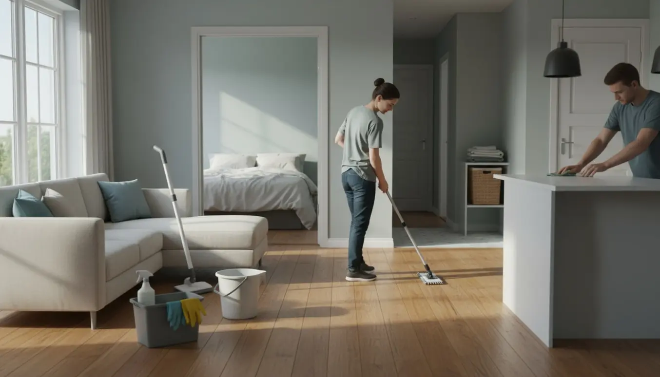 En person mopper et lyst hjems gulv med rengøringsudstyr synligt, og soveværelse og køkken i baggrunden.